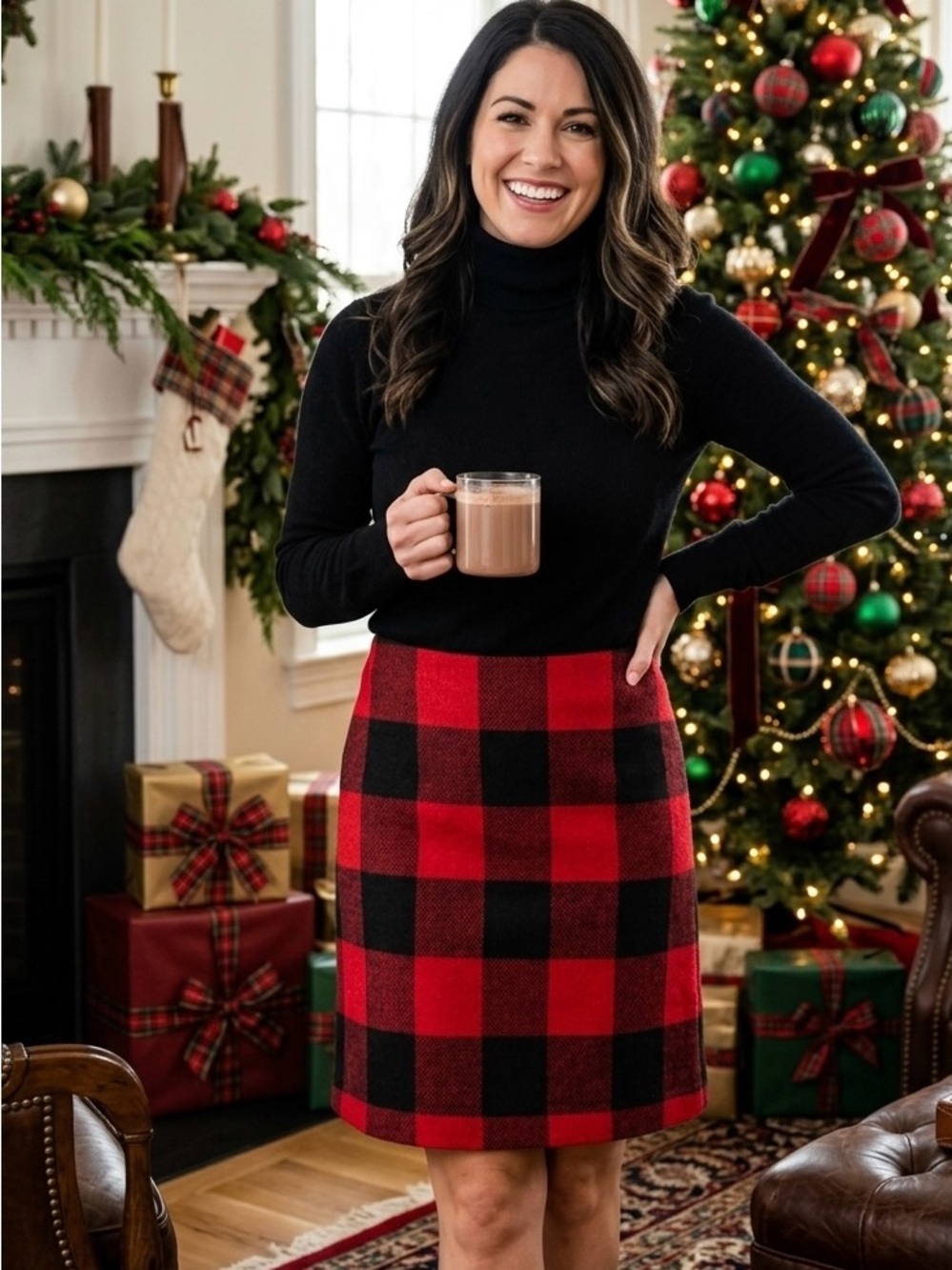 Boston Proper Red Black Buffalo Plaid above Knee lengths A-Line Skirt 3767